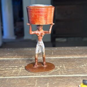African Folk Art Tribal Woman Figurine Holding Basket Metal Candle Holder.